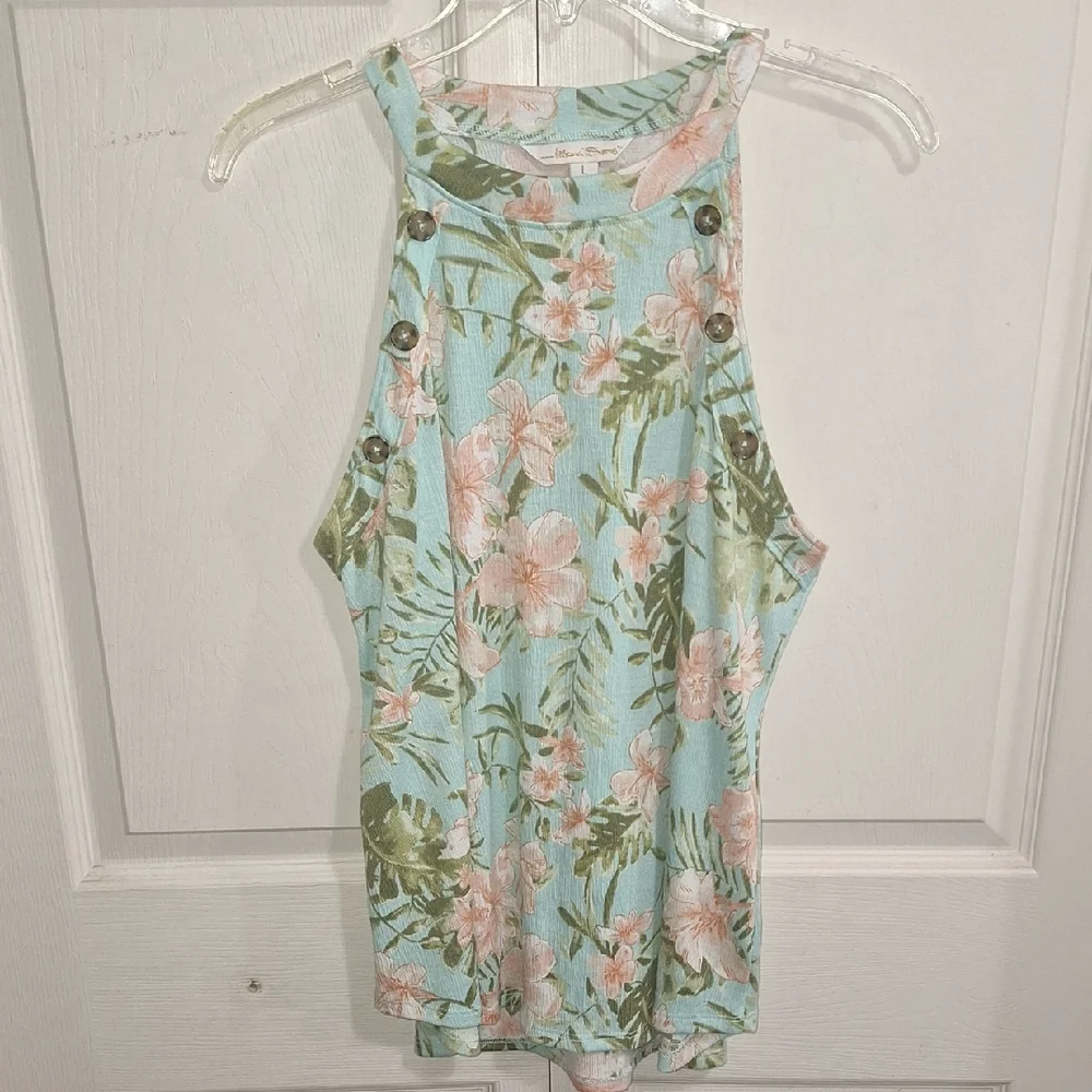 Island Shores Tropical Floral Halter Tank Top-Blue Green Coral-L
